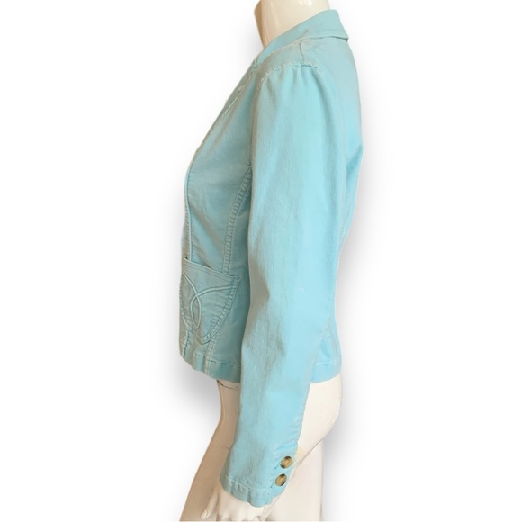 STYLE & COMPANY SHORT SINGLE BREASTED BLUE CORDUROY BLAZER. WOMEN’S PETITE MED - Picture 4 of 5
